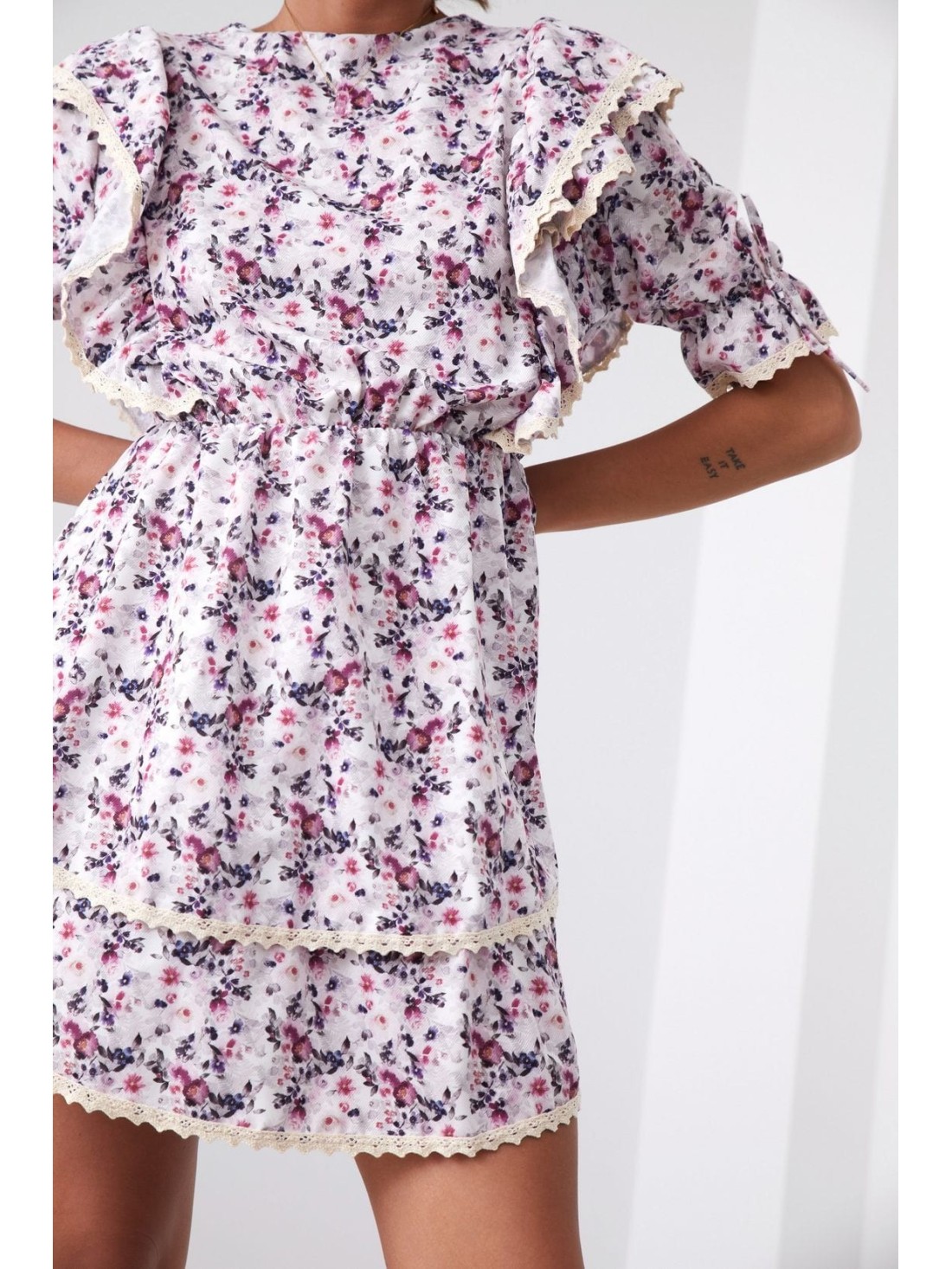 Rochie florala cu volane, gri si prune 5780 - Magazin online - Boutique